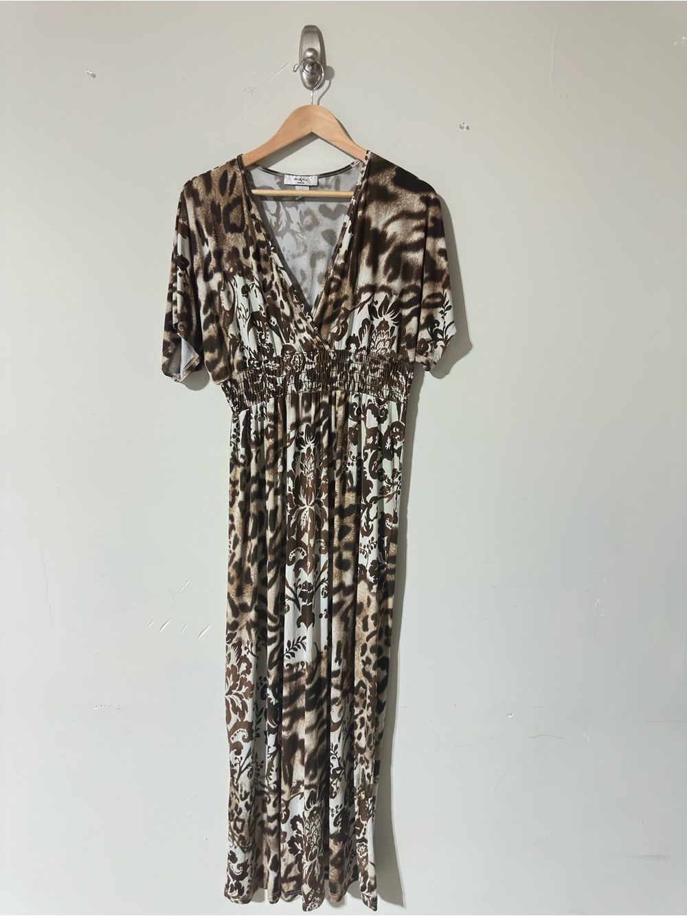 Moa Moa Women’s Animal Print Maxi Dress Size S Short Sleeve Empire Waist